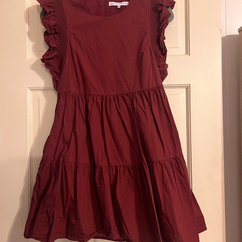 English Factory Burgundy Ruffle Mini Dress